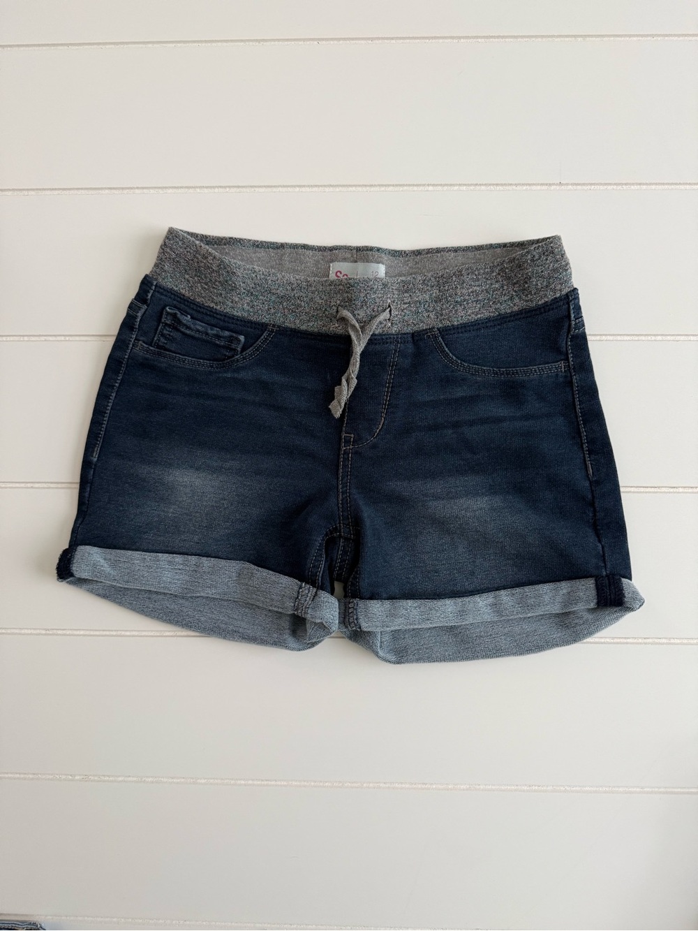 SO Dark Blue Denim Shorts with Subtle Sparkle on Gray Knit Waistband